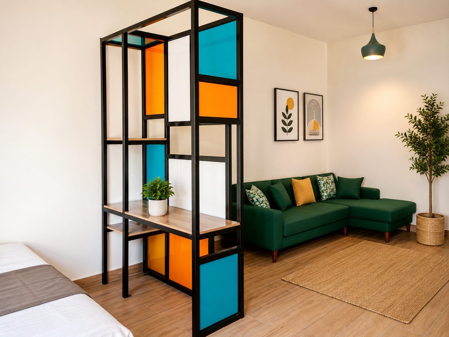 Berdawny Apartments studio living area with green sofa and room divider