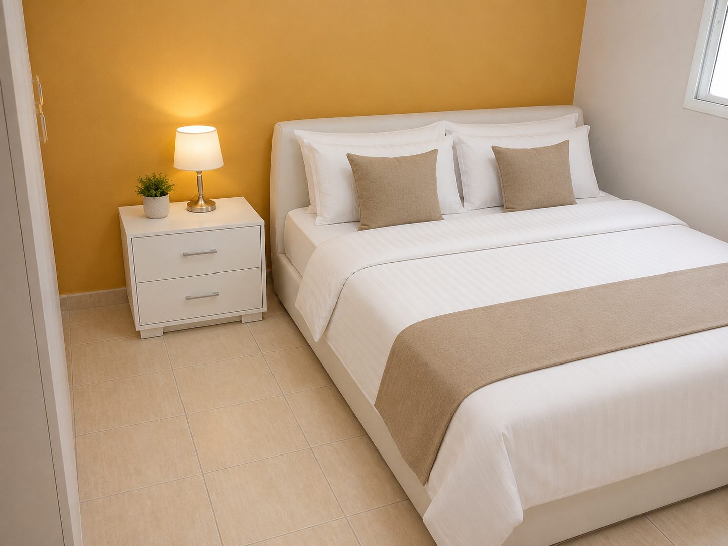 Master bedroom of the Berdawny Apartments 2-bedroom unit with queen bed